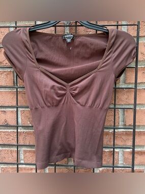 bebe Brown V-Neck Short Sleeve Off the Shoulder Top
